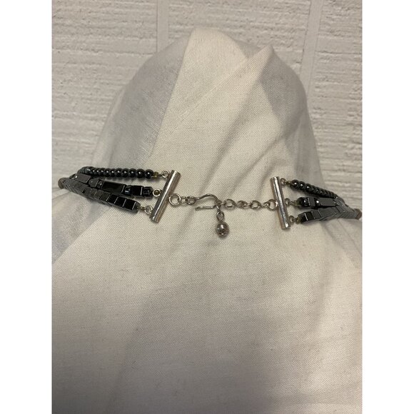 Hematite 3 Strand Beaded Necklace With Round Accents & Adjustable Chain Closure - Picture 2 of 2